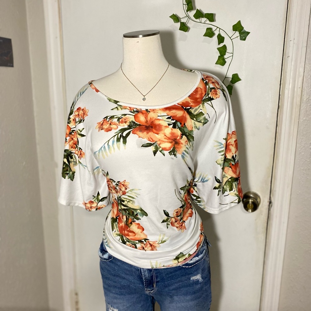 White Floral Boatneck Blouse with Orange Blossoms